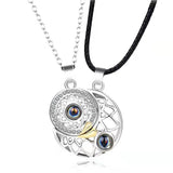 Silver sun and moon pendant necklaces with projection stone on black cord