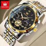 Gold case watch with black dial and sun moon subdials