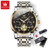Two-tone silver and gold case watch with black dial displayed beside a gift box