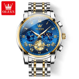 Two-tone silver and gold case watch with blue dial and sun moon subdials beside box