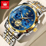 Two-tone silver and gold case watch with blue dial and sun moon subdials