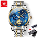 Two-tone silver and gold case watch with blue dial displayed beside a gift box
