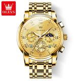 Gold case watch with gold dial and sun moon subdials front facing view