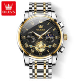 Gold case watch with gold dial and sun moon subdials front facing view