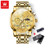 Gold case watch with gold dial and sun moon subdials displayed beside a gift box