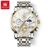 Two-tone silver and gold case watch with white dial and sun moon subdials beside box