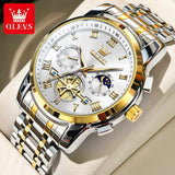 Two-tone silver and gold case watch with white dial and sun moon subdials