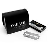 Black QSHAVE travel case with two packs of double edge replacement razor blades