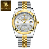 Silver case watch with black dial and fluted bezel