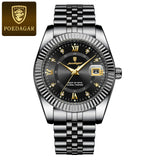 Two-tone silver and gold watch with black dial and fluted bezel
