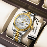 Two-tone silver and gold luxury watch shown in its presentation box with hang tag