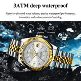 Two-tone luxury watch shown against a water splash graphic highlighting 3ATM waterproofing