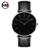 Silver case black dial minimalist watch with black leather strap