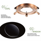 Diagram showing rose gold dial and window construction detail