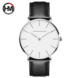 Silver case white dial watch with brown leather strap