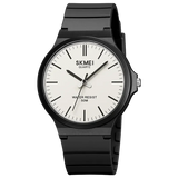 Black case watch with black dial and gold accents on white background