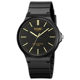 Black case watch with black dial and gold numeral markers on white background