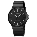 Black case watch with black dial and white markers on white background