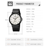 Product specification chart showing case size, strap length, and material details