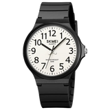 Black case watch with white dial and bold numeral markers on white background