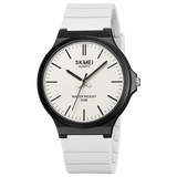 Black case watch with white dial and white rubber strap