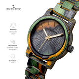 Wooden watch with multicolor camouflage patterned case and material feature icons