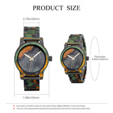 Product size chart showing case dimensions and strap measurements for the wooden watch