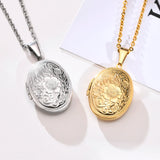 Silver and gold oval photo lockets with engraved floral pattern on fine chains