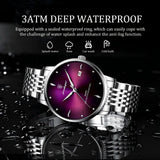 Purple and green dial watch graphic highlighting 3ATM water resistance