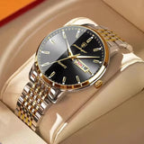 Silver watch with black sunray dial and steel link bracelet