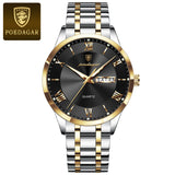 Silver watch with black textured dial, day-date display and steel link bracelet