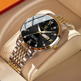 Silver watch with blue sunray dial, dark markers and steel bracelet
