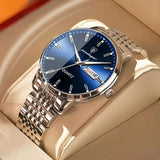 Silver watch with blue sunray dial, silver hands and steel bracelet