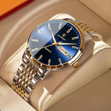 Silver watch with blue sunray dial, date window and stainless steel bracelet