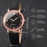 Spec graphic showing black dial rose gold watch with listed features and dimensions