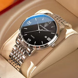 Silver watch with grey sunray dial, date window and steel link bracelet