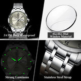 Feature graphic showing luminous hands and stainless steel strap on silver watch