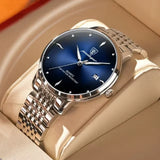 Silver watch with navy blue sunray dial and steel link bracelet