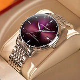 Silver watch with deep purple red sunray dial and steel link bracelet