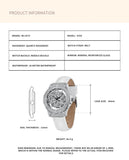 Spec card showing watch case diameter, thickness, strap width and movement details