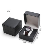 Black PU leather watch case open displaying a watch inside