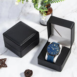 Black PU leather watch case open displaying a blue face watch inside