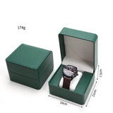 Green PU leather watch case open displaying a watch inside