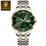 Two-tone watch with green textured dial, day-date display and steel bracelet