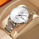 Silver watch with white dial, date window and stainless steel link bracelet