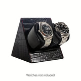 Black triangular dual watch winder with two watch slots, watches not included
