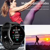 Person running outdoors wearing a black fitness smartwatch with health tracking display
