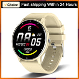 Beige silicone band smartwatch with black case showing time and fitness data on screen