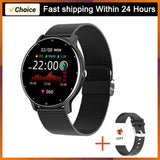 Black silicone band smartwatch showing activity tracking and time display on screen