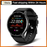 Black smartwatch with silicone band and heart rate monitoring displayed beside a gift box